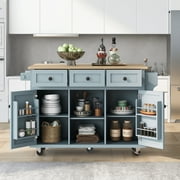 DEALTOPS Kitchen Island Cart with wheels and Rubber wood Drop-Leaf Countertop,Cabinet door internal storage racks,Kitchen Island on 5 Wheels with Storage Cabinet \u0026 3 Drawers for Dinning Room-Blue
